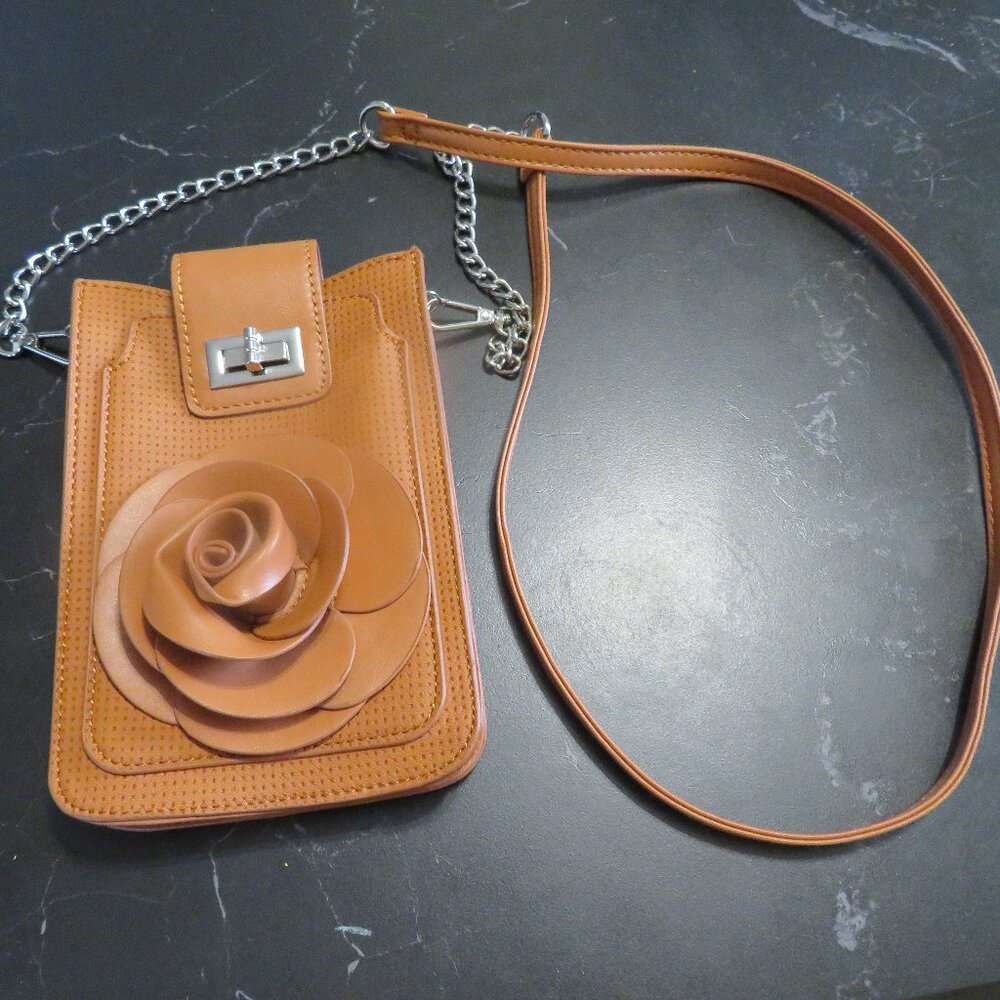 Phone credit card holder wallet crossbody purse Brown floral & chain faux leathe